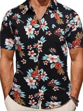 NWT Coofandy Short Sleeve Summer Beach Shirt Lightweight Pineapple Vacation XL